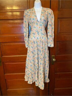 EUC DOEN Charleston Dress Organic Cotton Viscose Floral V Neck Long Sleeve Airy